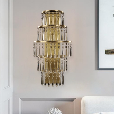 Country Style Tiers Flush Wall Sconce 5 Lights Crystal Wall Mount Lighting in Brass