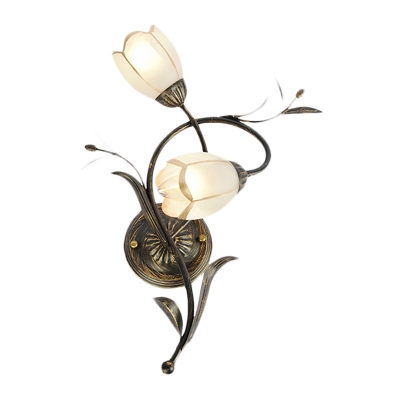 Countryside Flower Buds Sconce 2-Head Opaline Glass Wall Mounted Light in Bronze, Left/Right