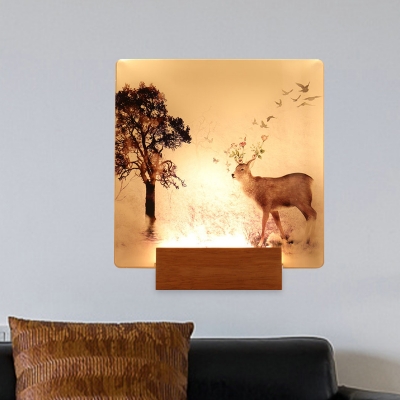 Deer and Tree Painting Square Mural Light Asian Acrylic LED Brown Flush Wall Sconce Light Fixture