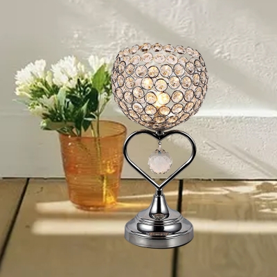 Domed Bedroom Table Light Crystal Encrusted Single Modernist Desk Lamp with Loving Heart Design in Chrome