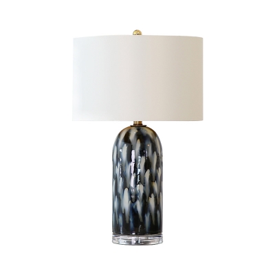 Fabric White Night Table Light Drum 1 Bulb Living Room Desk Lamp with Column Ceramics Base