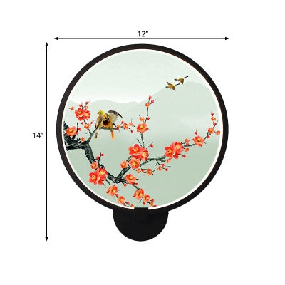 Flower and Birds/Mountain Pattern Mural Lamp Chinese Metal LED Black Round Sconce Lighting for Living Room