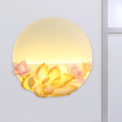 Full Moon Wall Sconce Light Asia Acrylic Pink and White LED Wall Mural Lighting with Resin Magnolia Decor