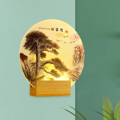 Ink Painting Pine Tree Acrylic Mural Lamp Chinese Style LED Wooden Wall Sconce Lighting