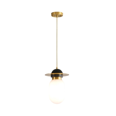 Milk Glass Capsule Pendulum Light Postmodernist 1-Light Sitting Room Down Lighting Pendant with Brass Disc Top