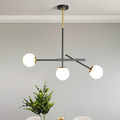 Minimalist Branching Drop Lamp White Ball Glass 3 Heads Dining Room Ceiling Chandelier in Black and Gold
