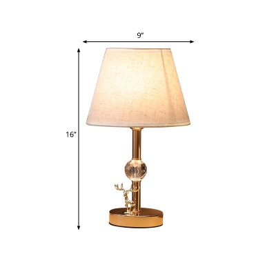 Minimalist Tapered Shade Table Light 1-Bulb Fabric Nightstand Lamp with Crystal Orb and Elk Decor in Gold
