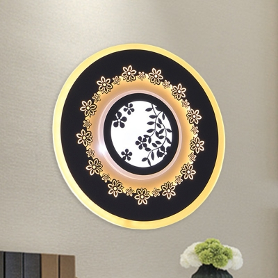 Modern Circular Acrylic Wall Light LED Mural Lighting with Decorative Feather/Flower in Black and White