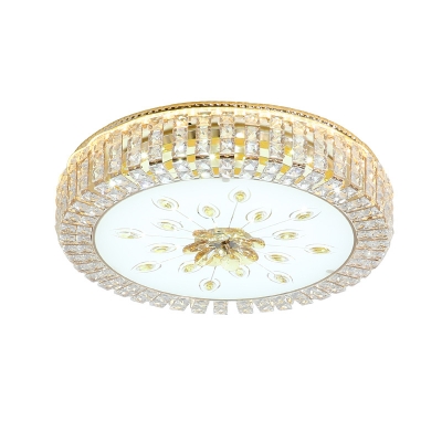 Modern Drum Ceiling Lamp Minimalist Crystal LED Flush Mount Light Fixture with Peacock Tail Pattern in Gold