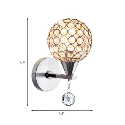 Modern Globe Wall Lighting Idea Crystal Encrusted 1-Light Bedroom Wall Lamp in Chrome