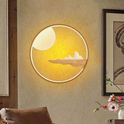 Moon and Mountain Mural Lighting Asian Wooden Black/Beige LED Wall Mounted Light for Bedside