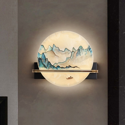 Mountain Bedside Mural Wall Lighting Metallic Chinese Style LED Sconce in Blue and White