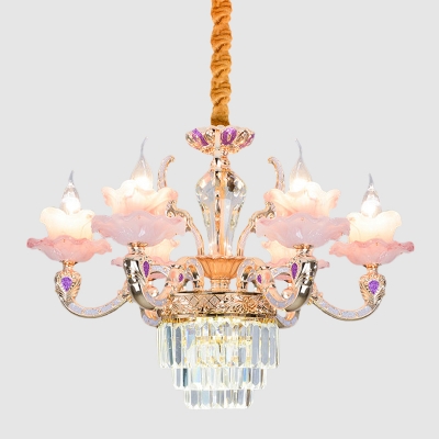 Pink 6-Head Pendant Lighting Mid Century Faceted Crystal Flower Chandelier Lamp Fixture