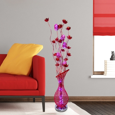 Red Finish LED Floor Standing Lamp Art Deco Aluminum Wire Lotus and Vase Stand Up Light