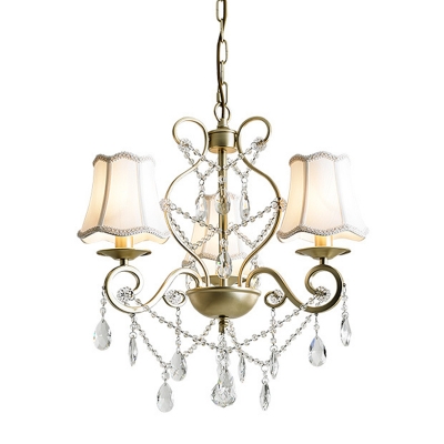 Scalloped Flared Fabric Drop Lamp Countryside 3 Lights Dining Room Chandelier in Gold with Scroll Arm and Crystal Accent