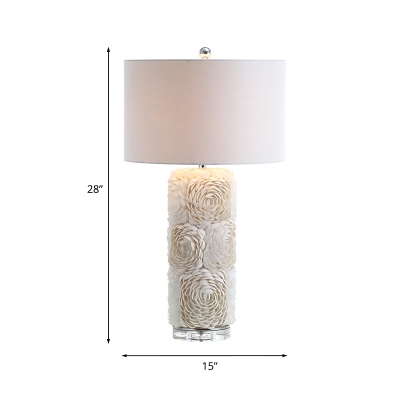 Shell Flower-Like Table Light with Cylindrical Design Traditional 1 Head Study Room Fabric Nightstand Lamp