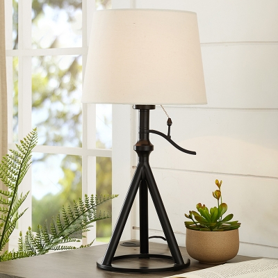 Single-Bulb Tripod Table Lamp Rural Black Iron Night Stand Light with Pull Chain and Tapered Shade