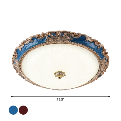 Traditional Bowl Shade Flush Mount Cream Glass LED Flush Ceiling Lamp in Red/Blue, 14