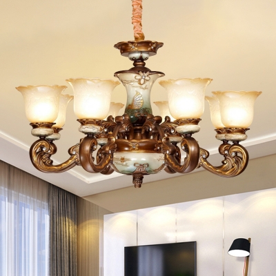 Traditional Flower Shade Up Chandelier 6/8-Light Opal Glass Ceiling Suspension Lamp with Ceramics Detail in Brown