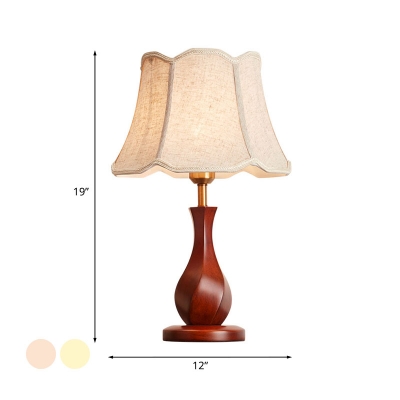 Twisted Vase Bedside Nightstand Light Rural Wood 1 Bulb Red Brown Table Lighting with Flaxen/Beige Scalloped Shade