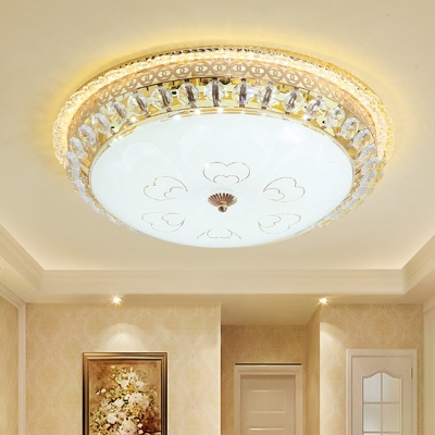 White Glass Bowl Flush Mount Minimalistic Bedroom LED Ceiling Mount Light in Gold with Crystal Edge