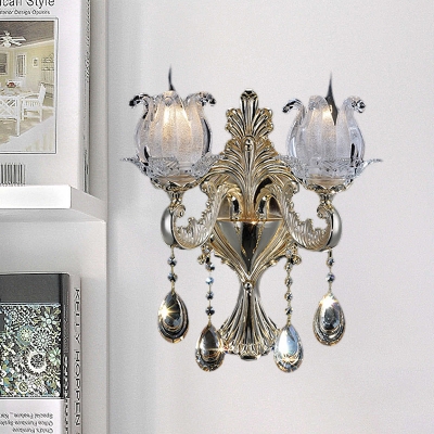 1/2-Head Wall Light with Floral Shade Ruffle Crystal Glass Traditional Bedroom Wall Lamp in Gold