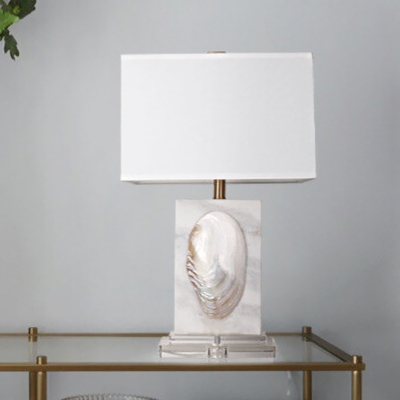 1-Light Rectangle Nightstand Light Traditional White Fabric Table Lamp with Mussel shell Deco