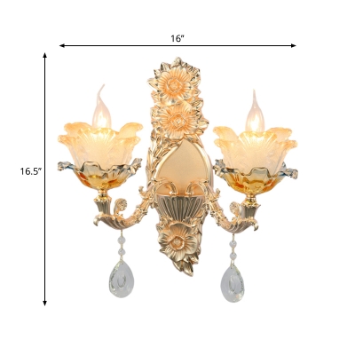 2-Bulb Layered Flower Sconce Light Retro Gold Frosted Glass Wall Lighting Ideas for Living Room