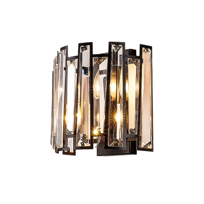 2-Light Flush Mount Wall Sconce Simplicity Demilune Cylinder Crystal Wall Mount Lamp in Black