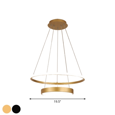 2-Tier Circle Restaurant Chandelier Metallic LED Modernist Ceiling Suspension Light in Black/Gold, White/Warm Light