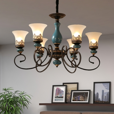 3/5/6 Bulbs Bell Up Ceiling Chandelier Farmhouse Black Finish Frosted Glass Pendulum Light with Blue Ceramics Detail