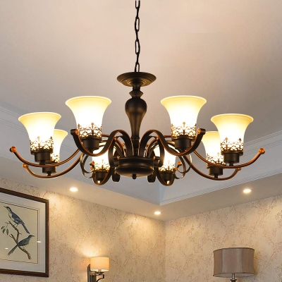 3/6/8 Heads Chandelier Light Fixture Vintage Bell Shade Tan Glass Up Hanging Ceiling Lamp in Black