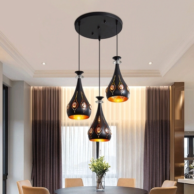 3 Bulbs Multiple Hanging Light Modern Hollowed Out Ball/Ellipse Iron Pendant Lighting in Black with Inserted Crystal
