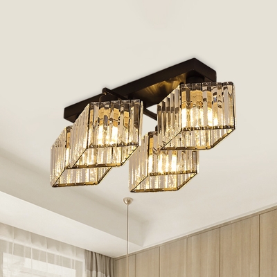 4/5-Light Living Room Flush Light Modernist Black Finish Semi Flush Ceiling Lamp with Rhombus Crystal Rectangle Shade