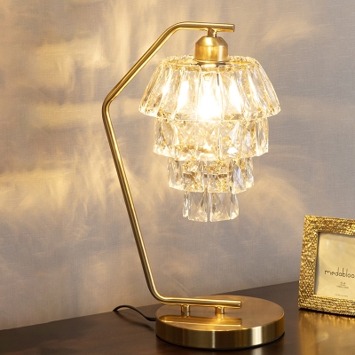 4-Tier Crystal Block Table Lamp Mid-Century 1 Head Living Room Nightstand Light with Brass Bent Arm
