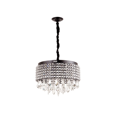 5-Head Faceted Crystal Chandelier Pendant Modern Black Drum Dining Table Hanging Lamp with Rhombus Chain Drops