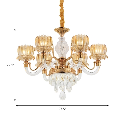 6-Bulb Amber Glass Up Chandelier Traditional Gold Lotus Shade Living Room Pendant with Crystal Accent