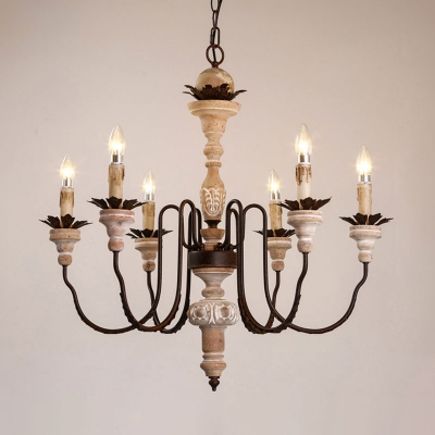 6 Bulbs Candelabra Pendant Lighting Farmhouse Wood Metallic Chandelier Lamp Fixture with Curved Arm