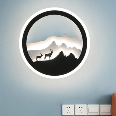 Acrylic Elks and Mountain Mural Light Asian LED Black-White Wall Sconce Lamp Fixture