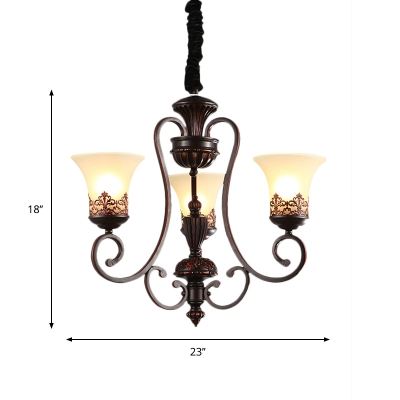 Antiqued Bell Shade Up Suspension Light 3/6-Bulb Frosted Glass Ceiling Chandelier in Red Brown