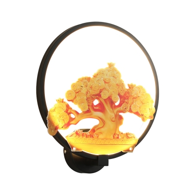 Asian Halo Ring Wall Mount Light with Gold Tree Design Metal LED Indoor Mural Lamp in White/Black, Left/Right