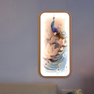 Asian Peacock Flush Wall Sconce Fabric Bedroom LED Wall Mural Light Fixture in Blue