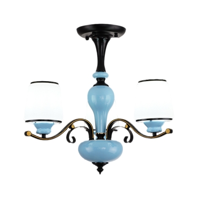 Barrel Drawing Room Pendulum Light Country Milk Glass 3/6/8 Bulbs Blue Ceramics Chandelier Lamp