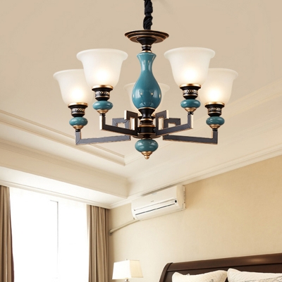 Bell Shade Frosted Glass Suspension Light 3/5/6 Heads Living Room Radial Ceiling Chandelier in Black and Blue