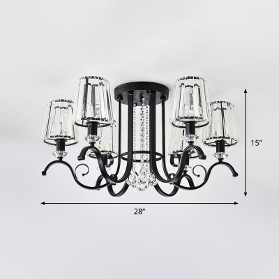 Black 3/7-Head Close to Ceiling Light Contemporary Crystal Conical Semi Flush Mount Chandelier for Bedroom