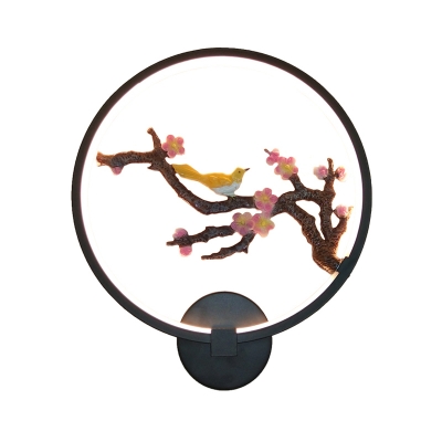Black Ring Wall Mount Mural Light Chinoiserie LED Metal Wall Lamp Fixture with Plum Blossom and Bird Pattern