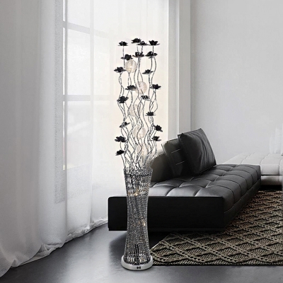 Black-Silver LED Stand Up Light Decorative Aluminum Wire Lotus and Vase Floor Lamp in White/Warm Light