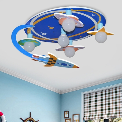 Blue Outer Space Semi Flush Ceiling Light Kids 5-Bulb Wood Flush Mount Lighting Fixture