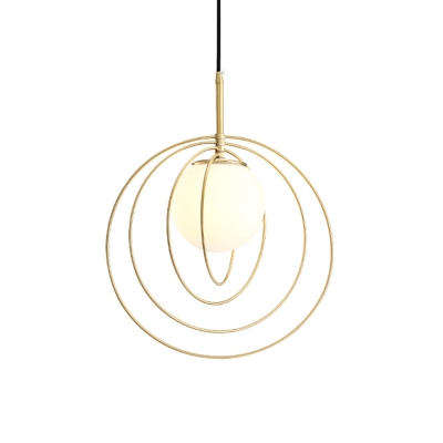 Brass Circles Down Lighting Designer 1 Bulb Metal Ceiling Pendant with Ball Cream Glass Shade