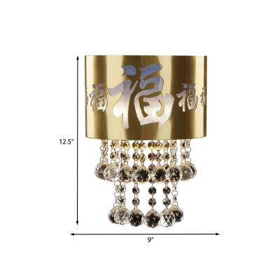 Brass Half-Cylinder Flush Wall Sconce Rustic Metal 2 Bulbs Family Room Wall Light with Script and Crystal Orb Drops